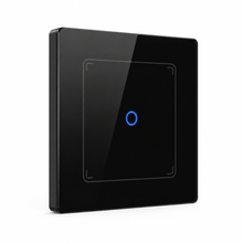 Black glass one-zone NéoGrid Essential smart switch angled studio packshot