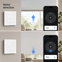 NéoGrid Essential curtain motor direction control shown with app interface