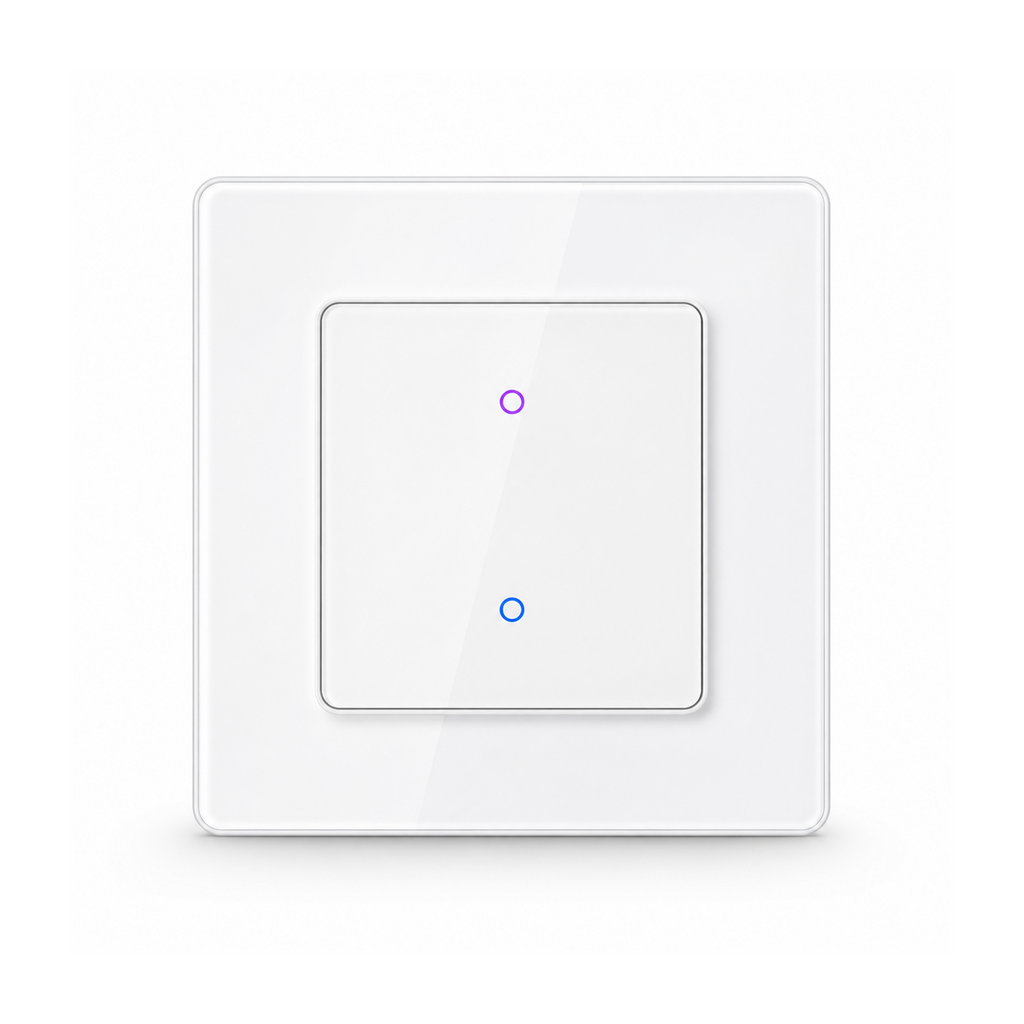 Interrupteur lumiere NeoGrid Essential blanc pur a deux canaux sur fond studio blanc.