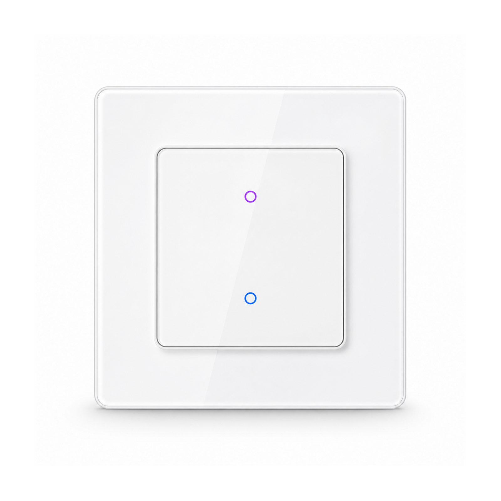 Interrupteur lumiere NeoGrid Essential blanc pur a deux canaux sur fond studio blanc.