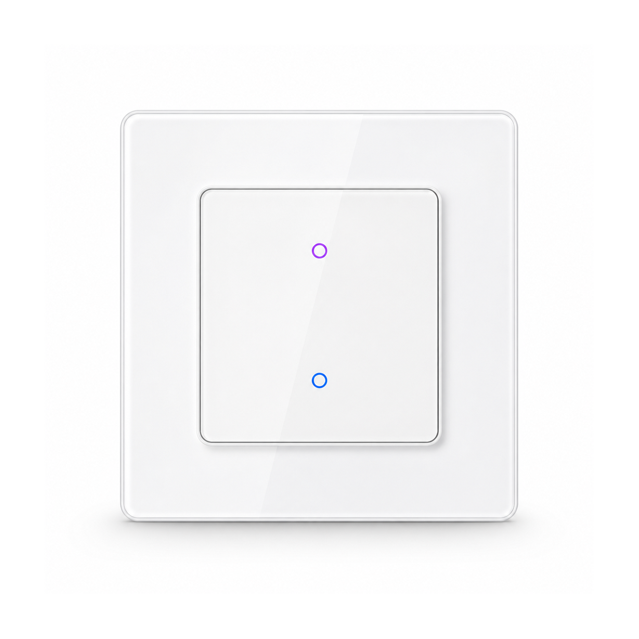 Interrupteur lumiere NeoGrid Essential blanc pur a deux canaux sur fond studio blanc.