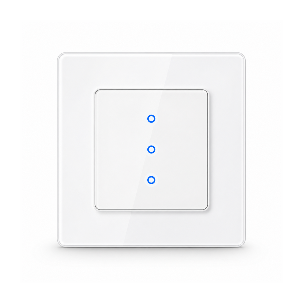 Interrupteur lumiere NeoGrid Essential blanc pur a trois canaux sur fond studio blanc.