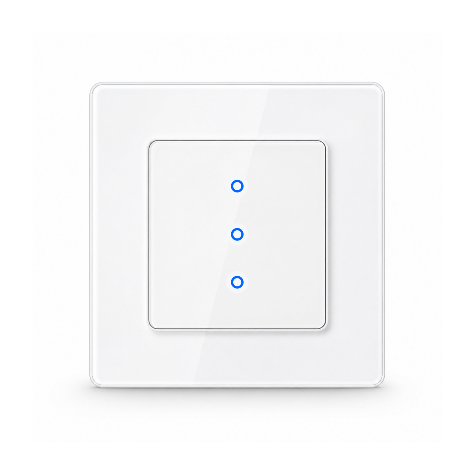 Interrupteur lumiere NeoGrid Essential blanc pur a trois canaux sur fond studio blanc.