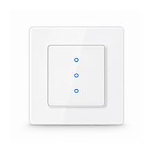 Interrupteur lumiere NeoGrid Essential blanc pur a trois canaux sur fond studio blanc.