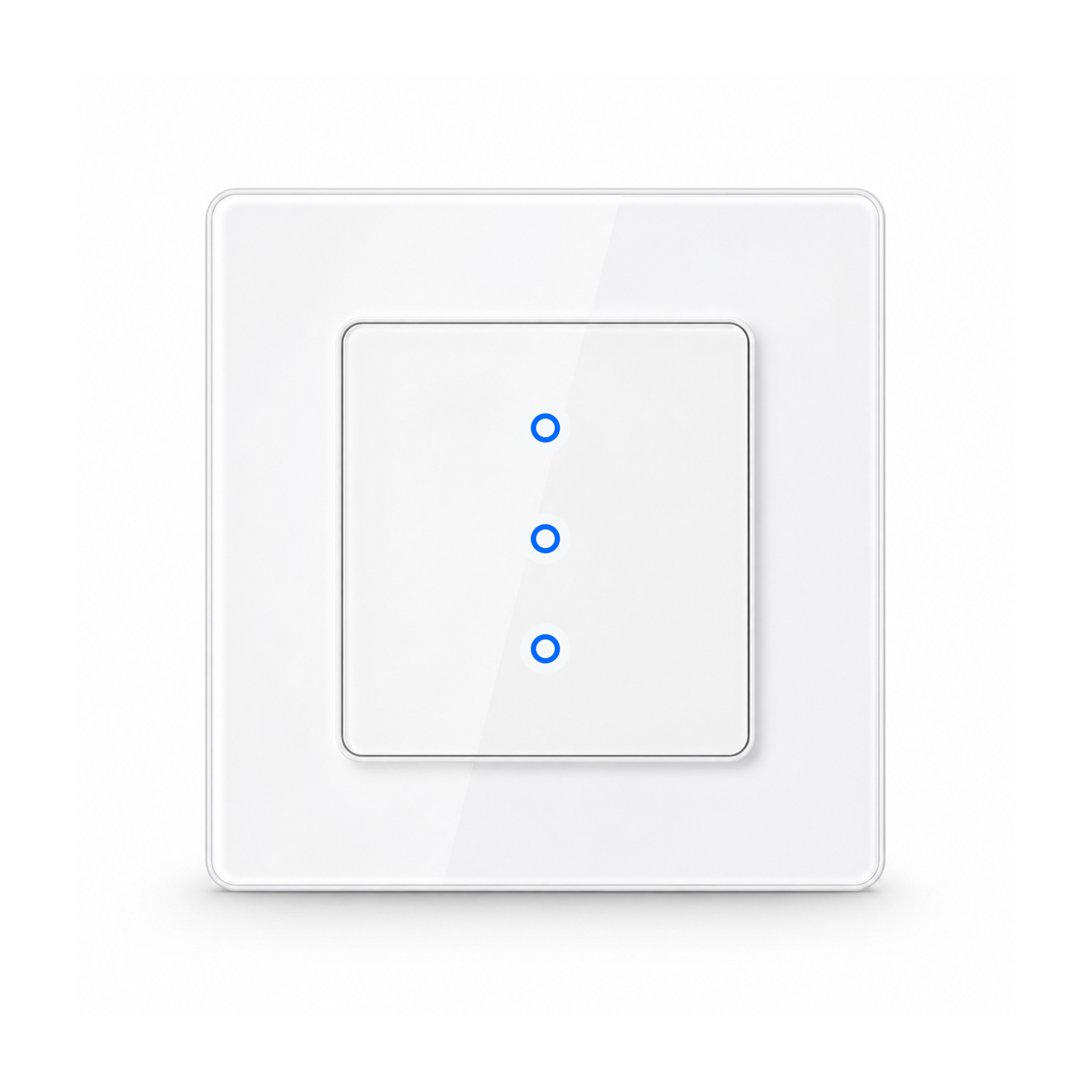 Interrupteur lumiere NeoGrid Essential blanc pur a trois canaux sur fond studio blanc.