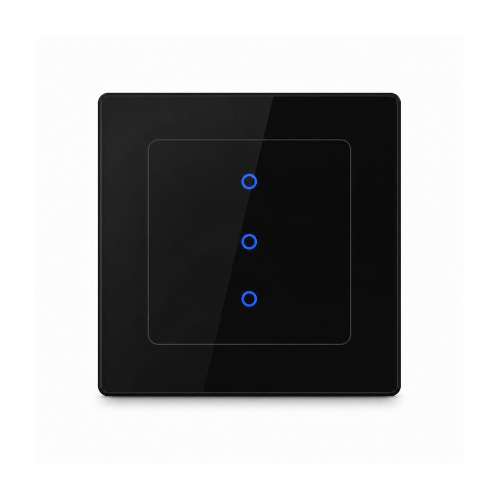 Interrupteur lumiere NeoGrid Essential noir absolu a trois canaux sur fond studio blanc.