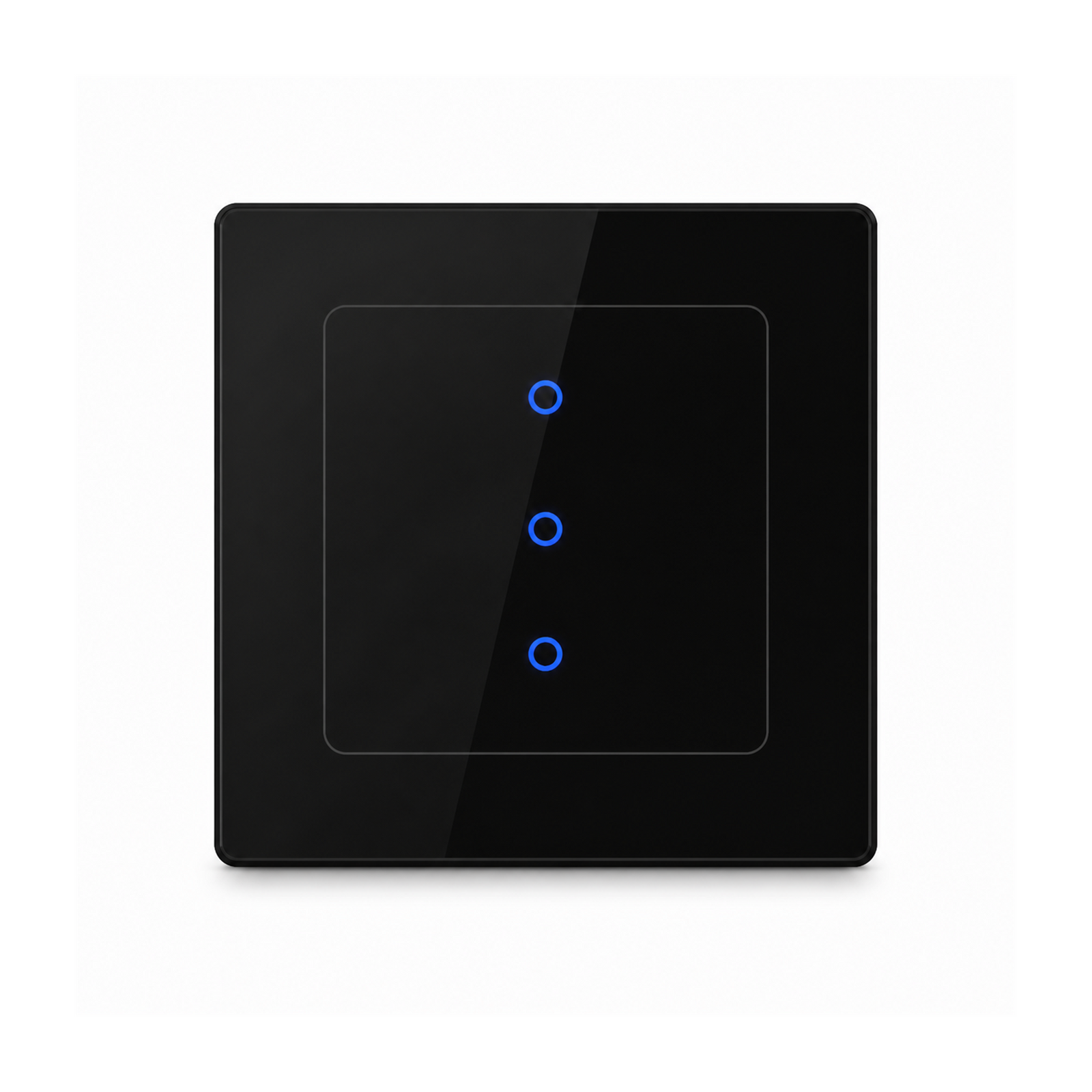 Interrupteur lumiere NeoGrid Essential noir absolu a trois canaux sur fond studio blanc.