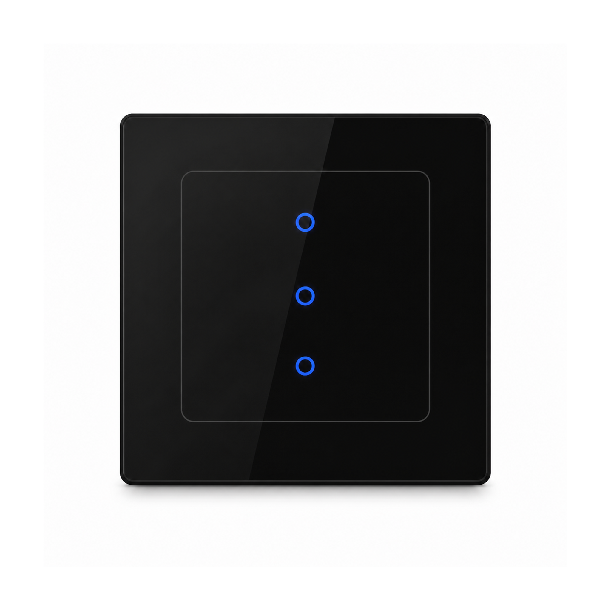 Interrupteur lumiere NeoGrid Essential noir absolu a trois canaux sur fond studio blanc.
