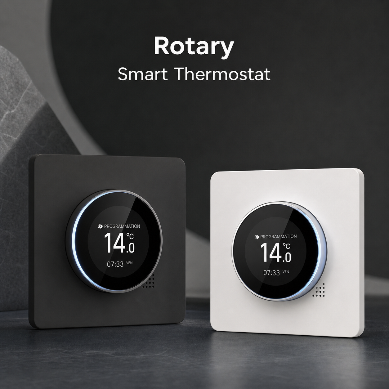 Black and white rotary smart thermostats with circular displays