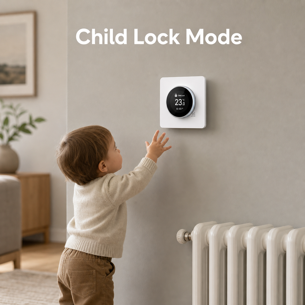 Child lock mode scene with wall thermostat near radiator