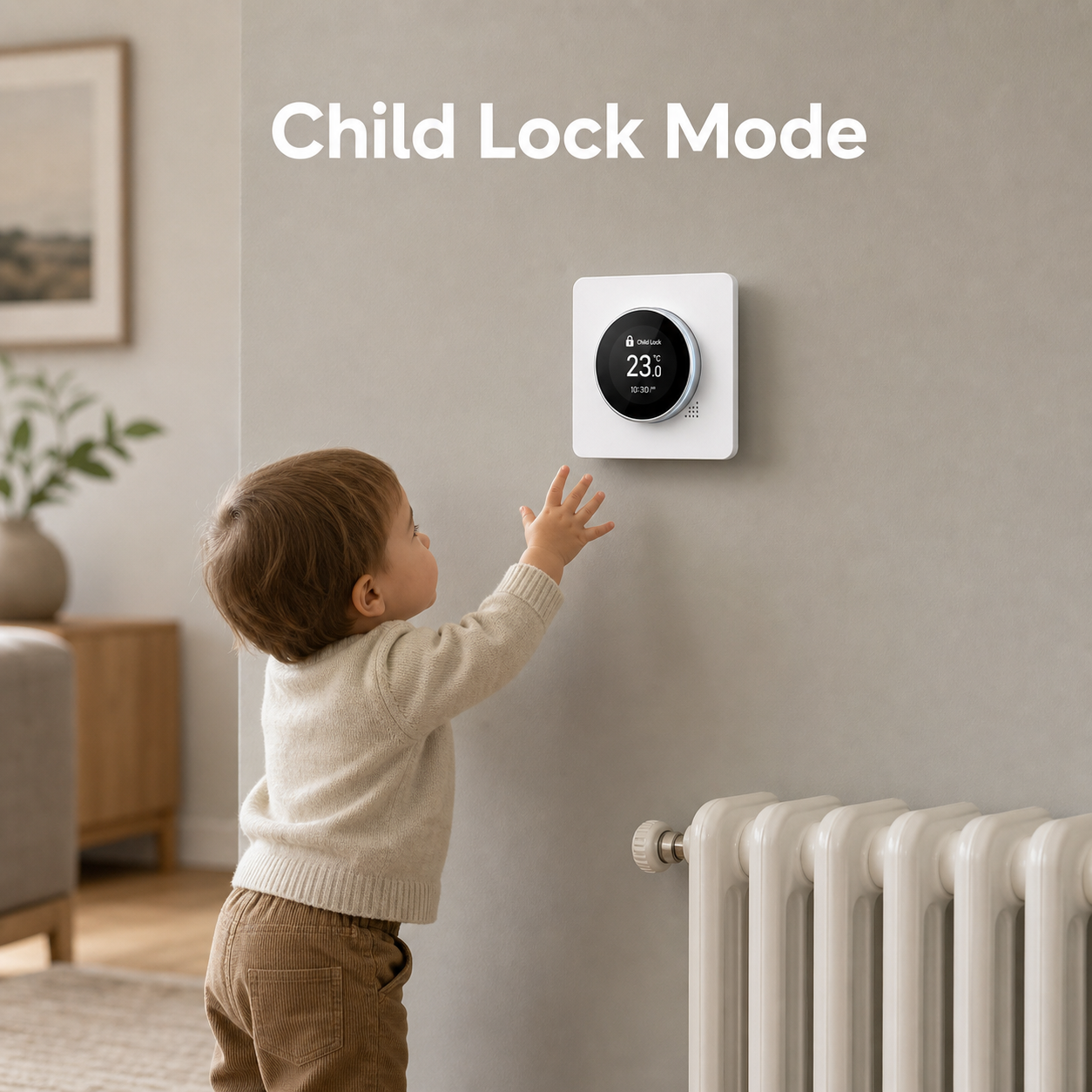 Child lock mode scene with wall thermostat near radiator