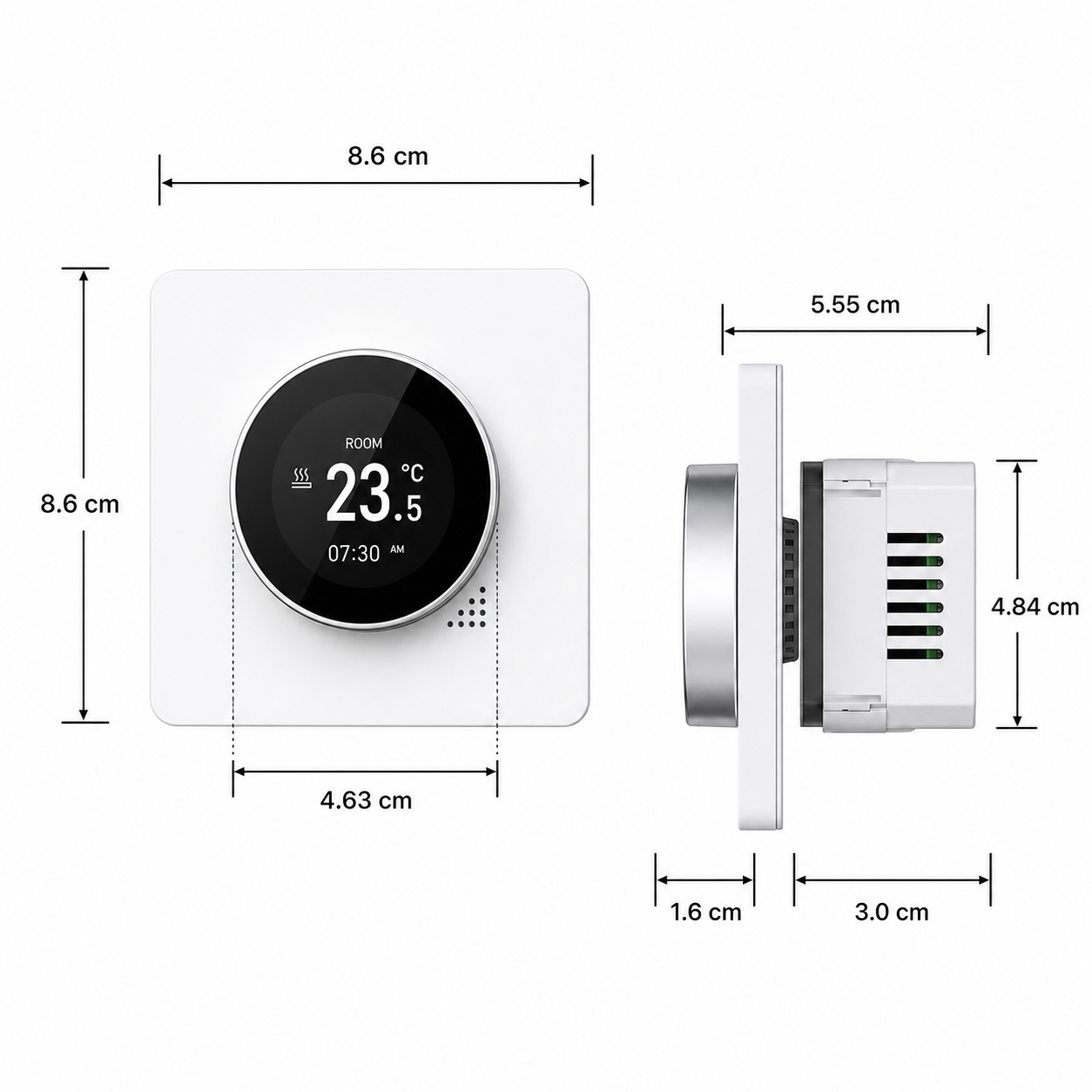 Dimension diagram of rotary thermostat with front and side views