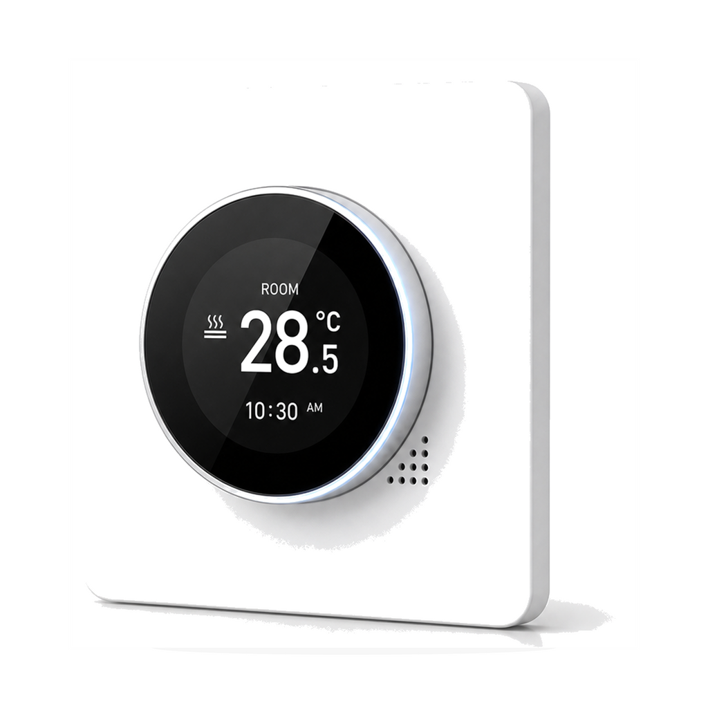 Thermostat NéoHalo Comfort blanc pur pour chaudière gaz sur fond studio blanc