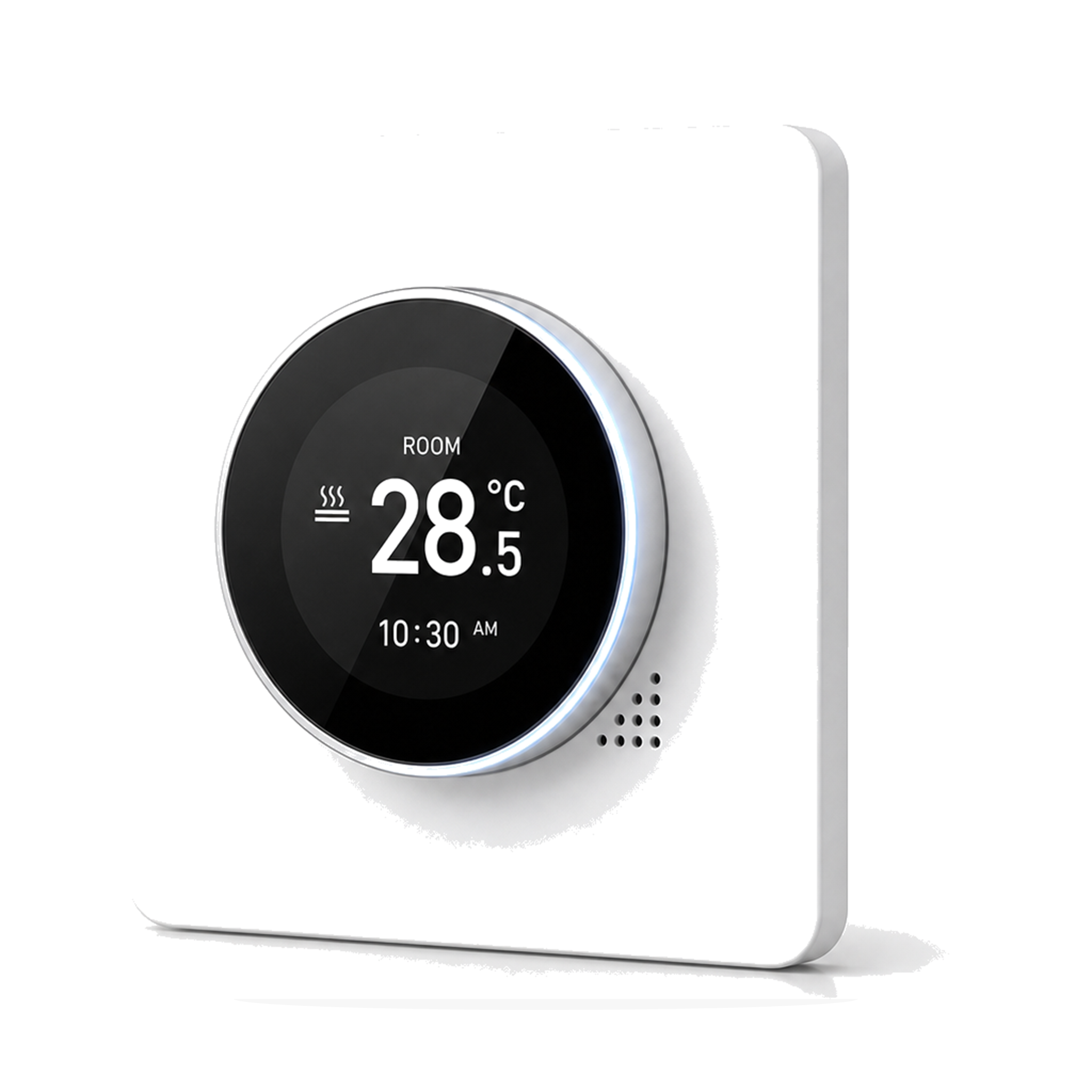 Thermostat NéoHalo Comfort blanc pur pour chaudière gaz sur fond studio blanc