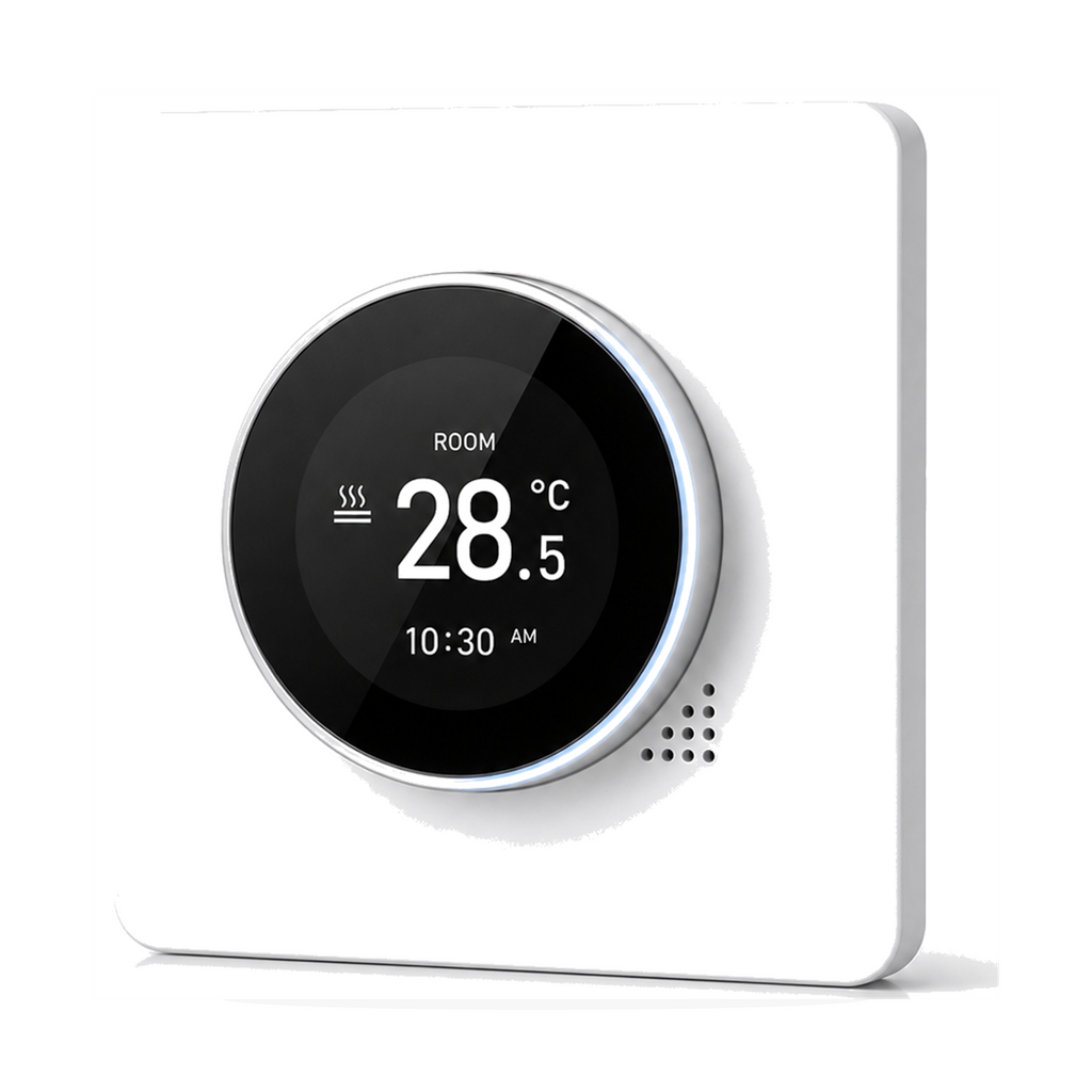 Thermostat NéoHalo Comfort blanc pur pour chauffage eau sur fond studio blanc