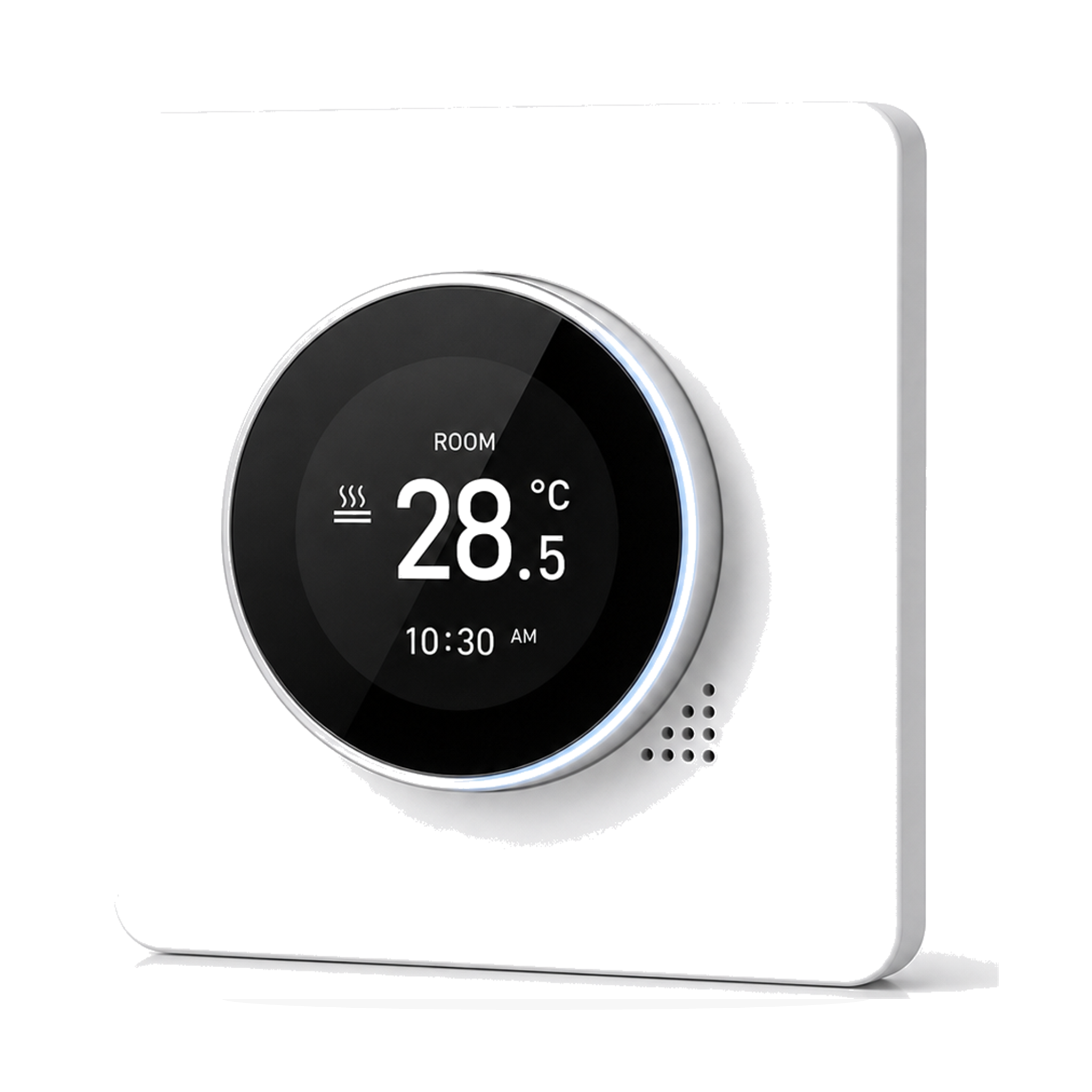 Thermostat NéoHalo Comfort blanc pur pour chauffage eau sur fond studio blanc