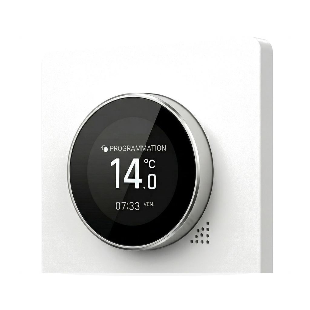 Thermostat NéoHalo Comfort blanc pur pour chauffage électrique sur fond studio blanc