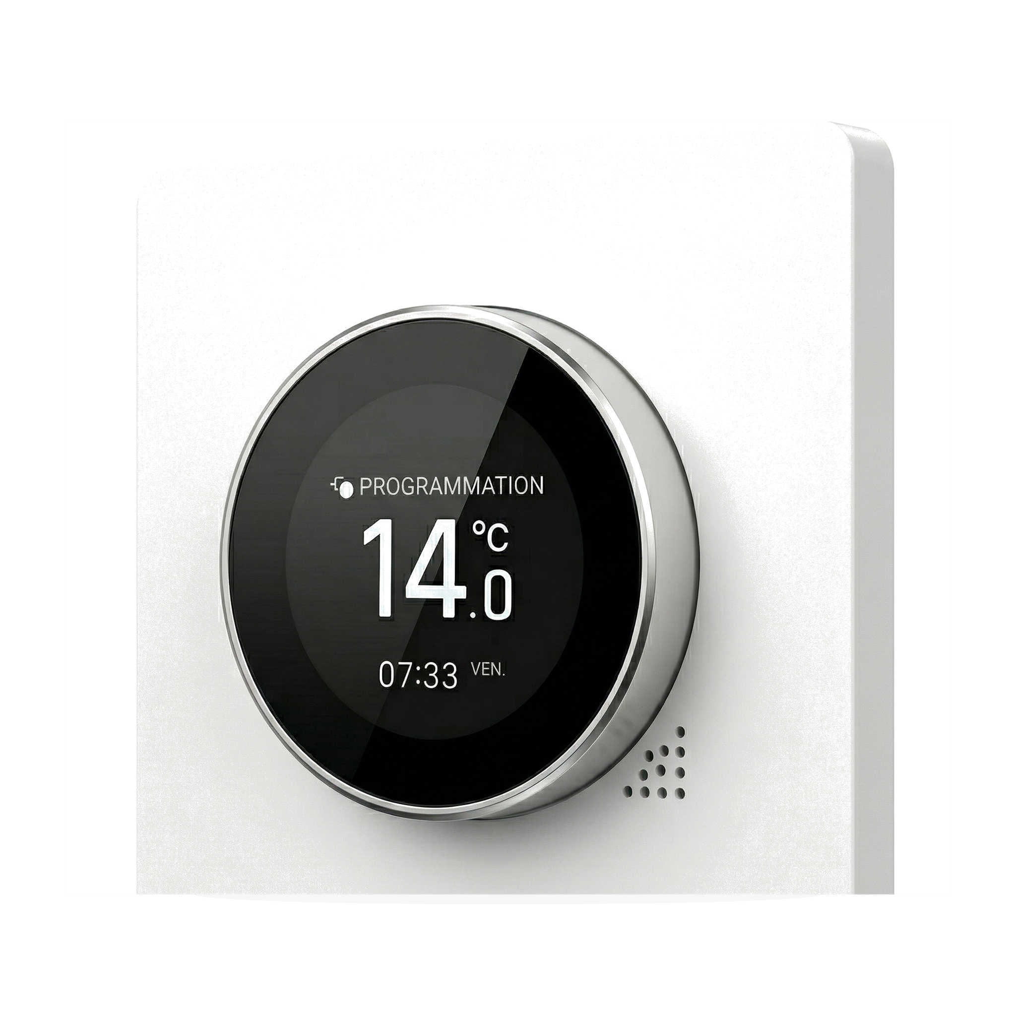 Thermostat NéoHalo Comfort blanc pur pour chauffage électrique sur fond studio blanc