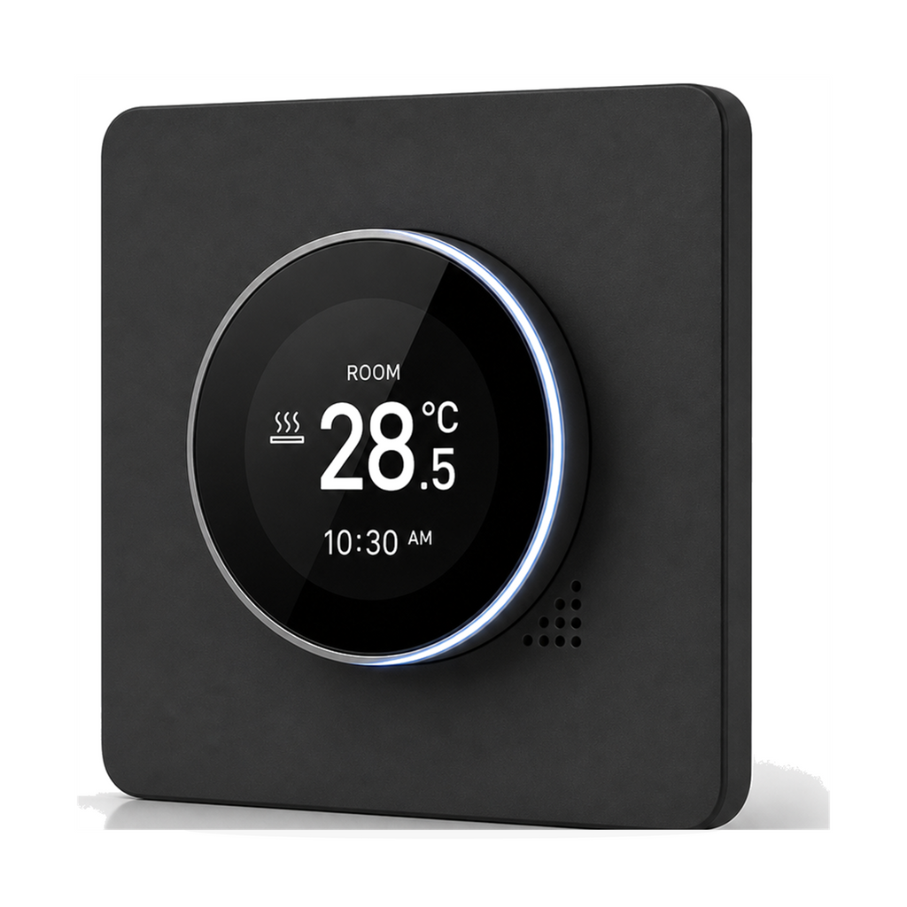 Thermostat NéoHalo Comfort gris élégant pour chaudière gaz sur fond studio blanc