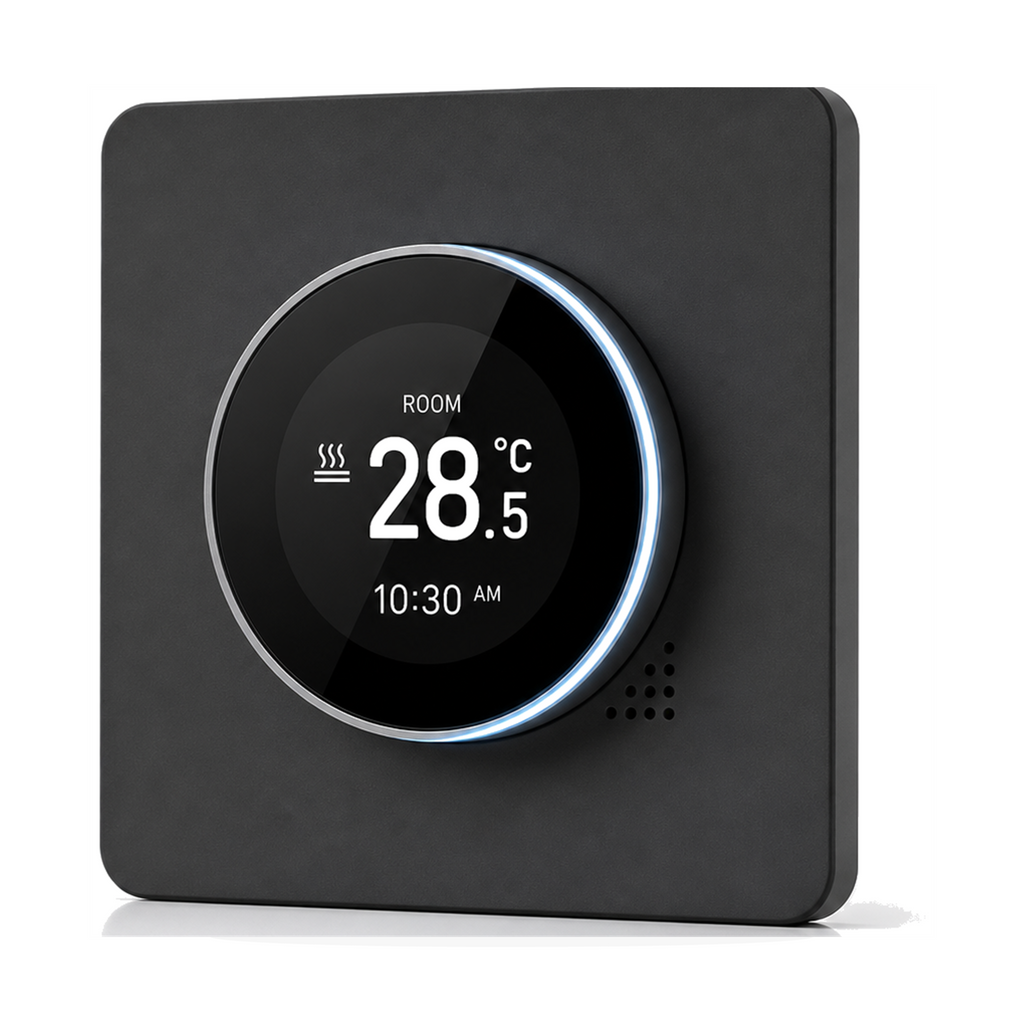Thermostat NéoHalo Comfort gris élégant pour chauffage eau sur fond studio blanc