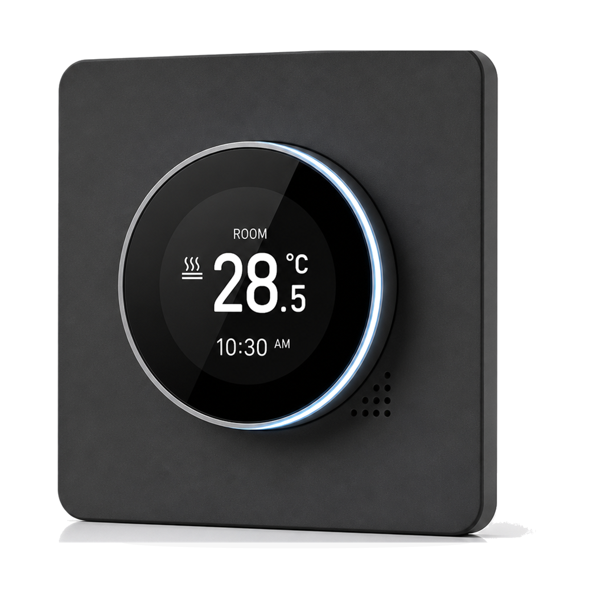 Thermostat NéoHalo Comfort gris élégant pour chauffage eau sur fond studio blanc