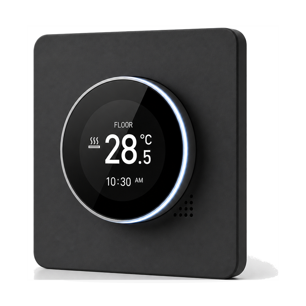 Thermostat NéoHalo Comfort gris élégant pour chauffage électrique sur fond studio blanc