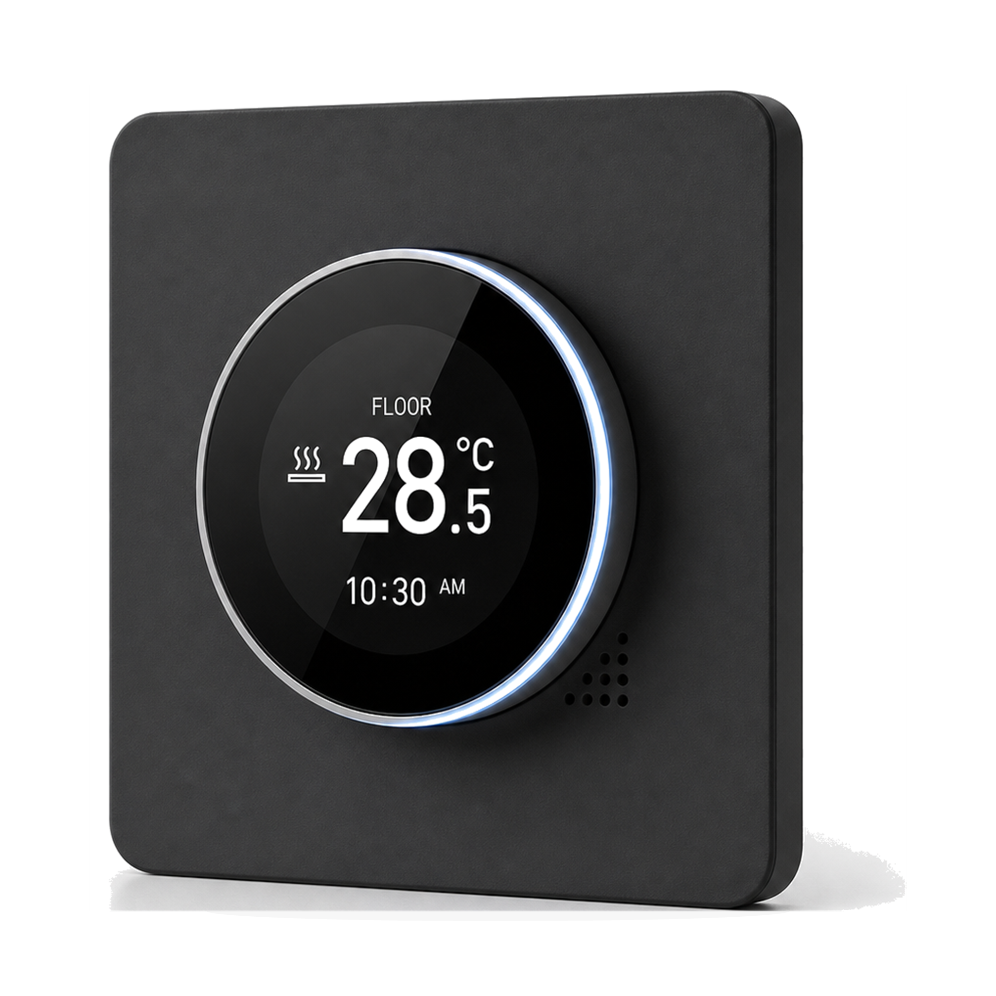 Thermostat NéoHalo Comfort gris élégant pour chauffage électrique sur fond studio blanc