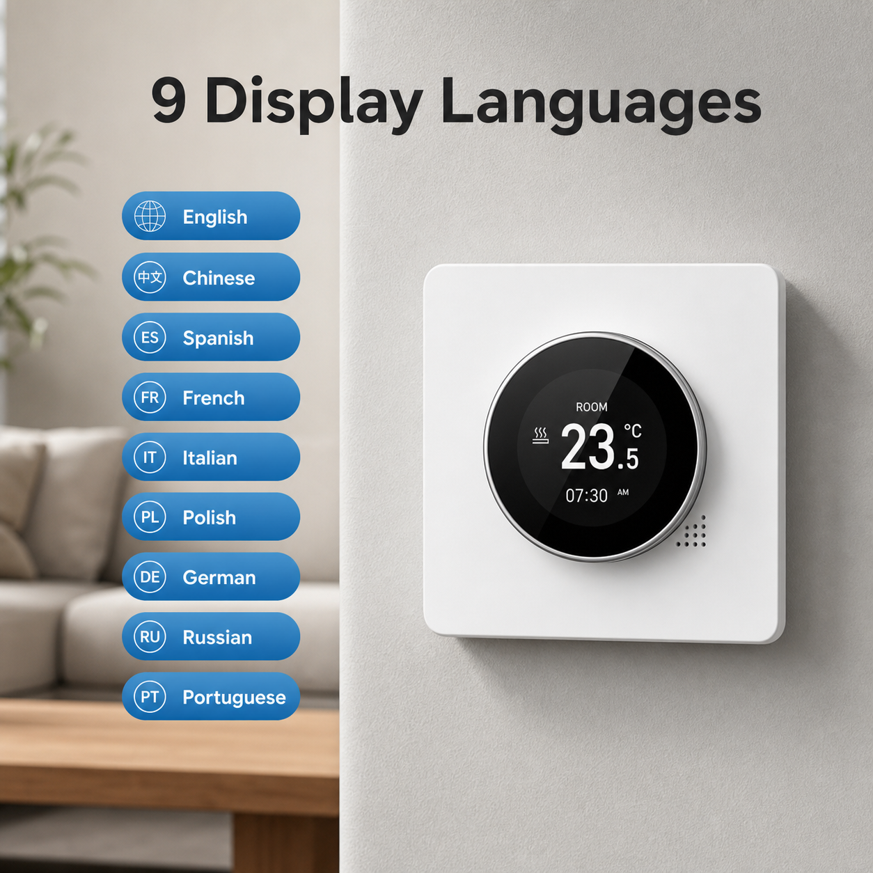 Thermostat display language options shown next to wall thermostat