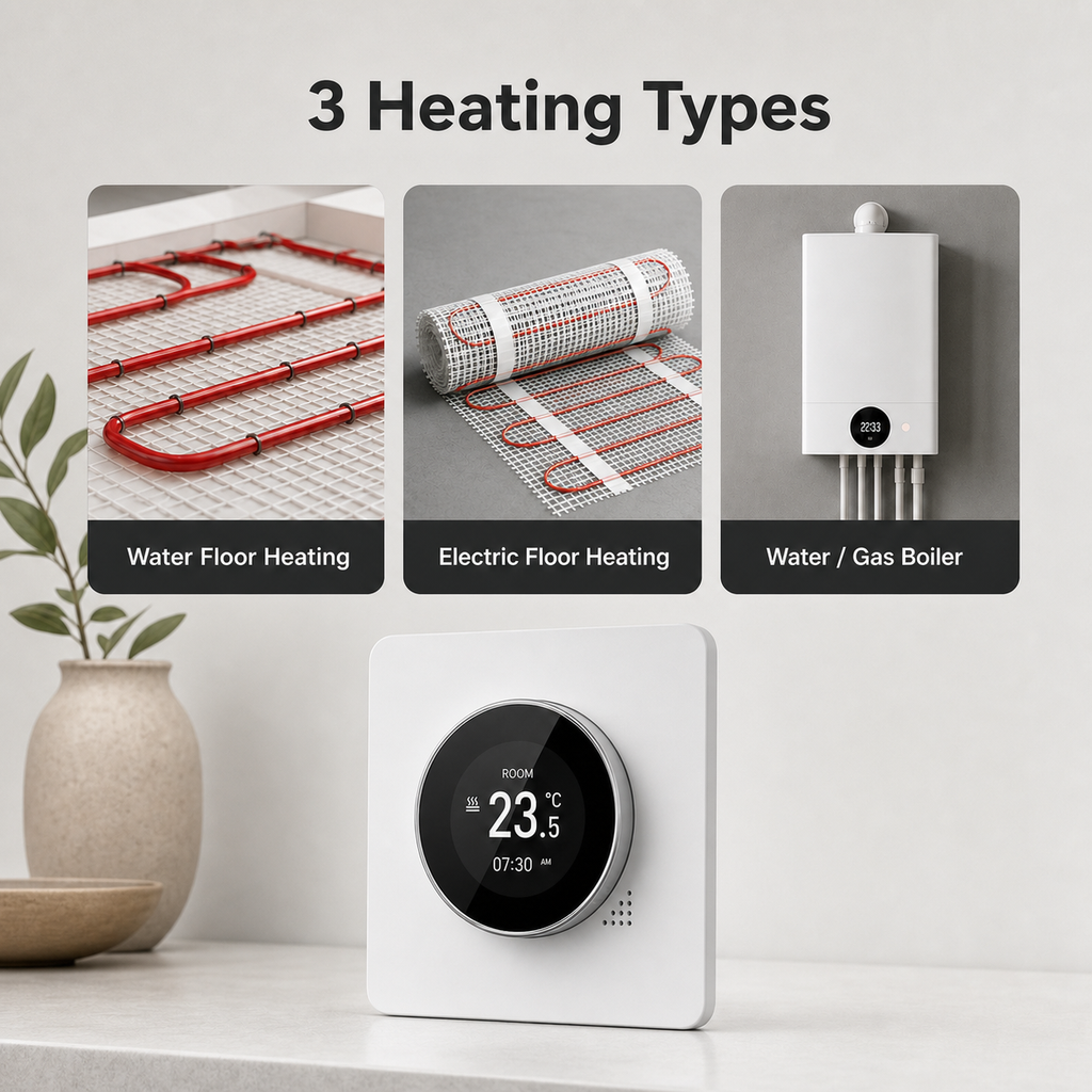 Infographic showing three heating types for rotary smart thermostat