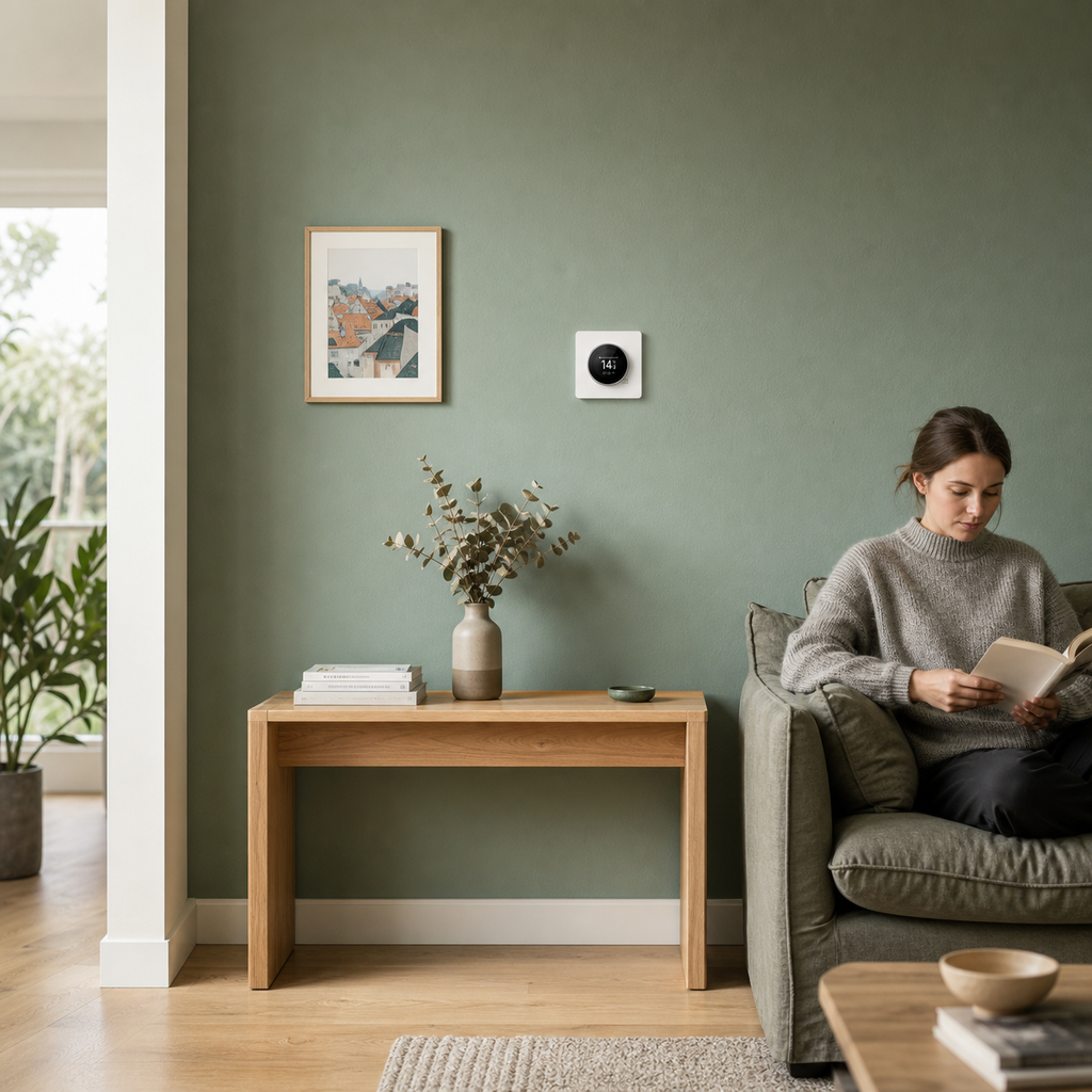 Rotary smart thermostat installed on wall in a modern living room
