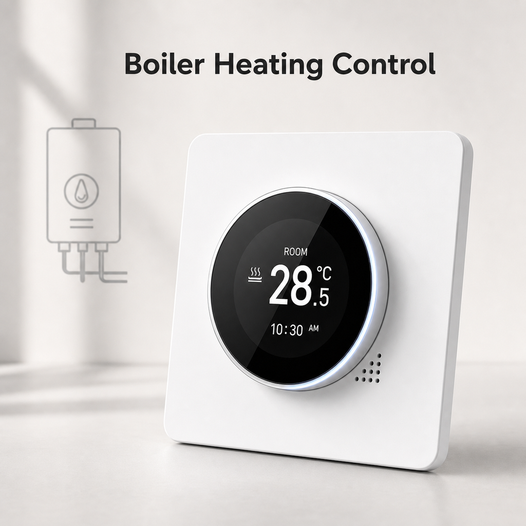 White rotary thermostat for boiler heating control
