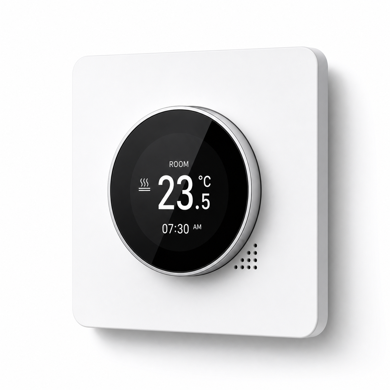 Studio packshot of white rotary smart thermostat with circular display