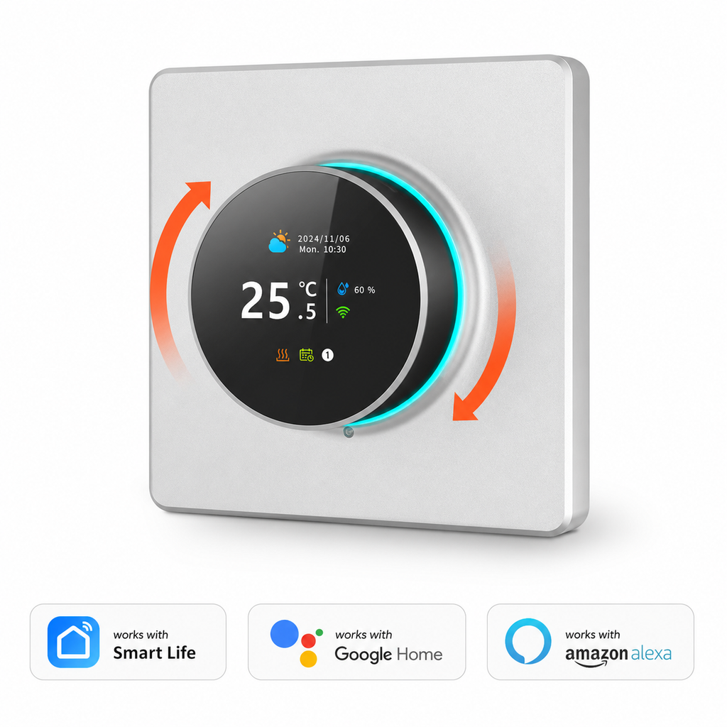 NéoHeat Essential Wi-Fi thermostat clean product hero with Smart Life, Google Home and Alexa compatibility