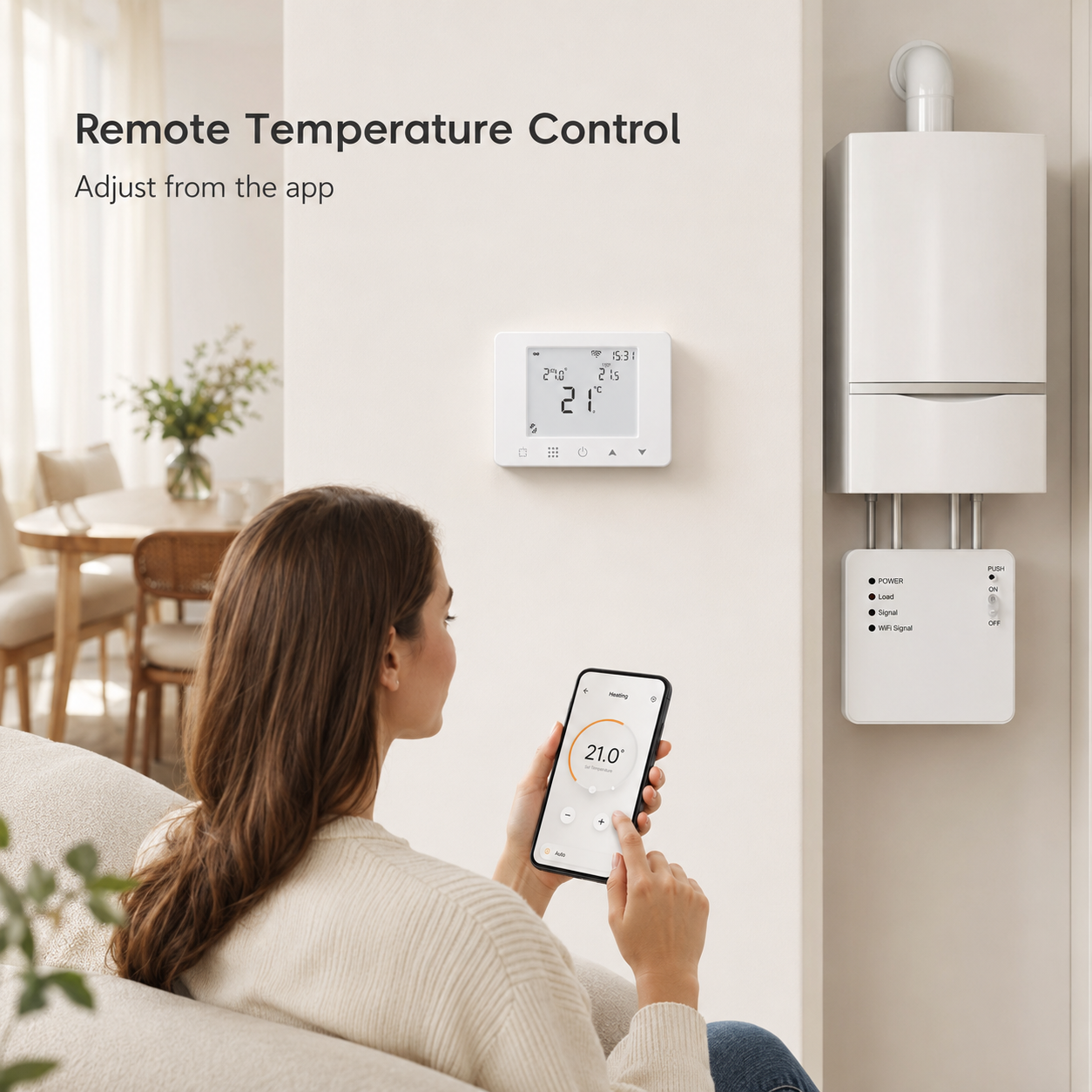 Remote temperature control app visual for gas boiler thermostat