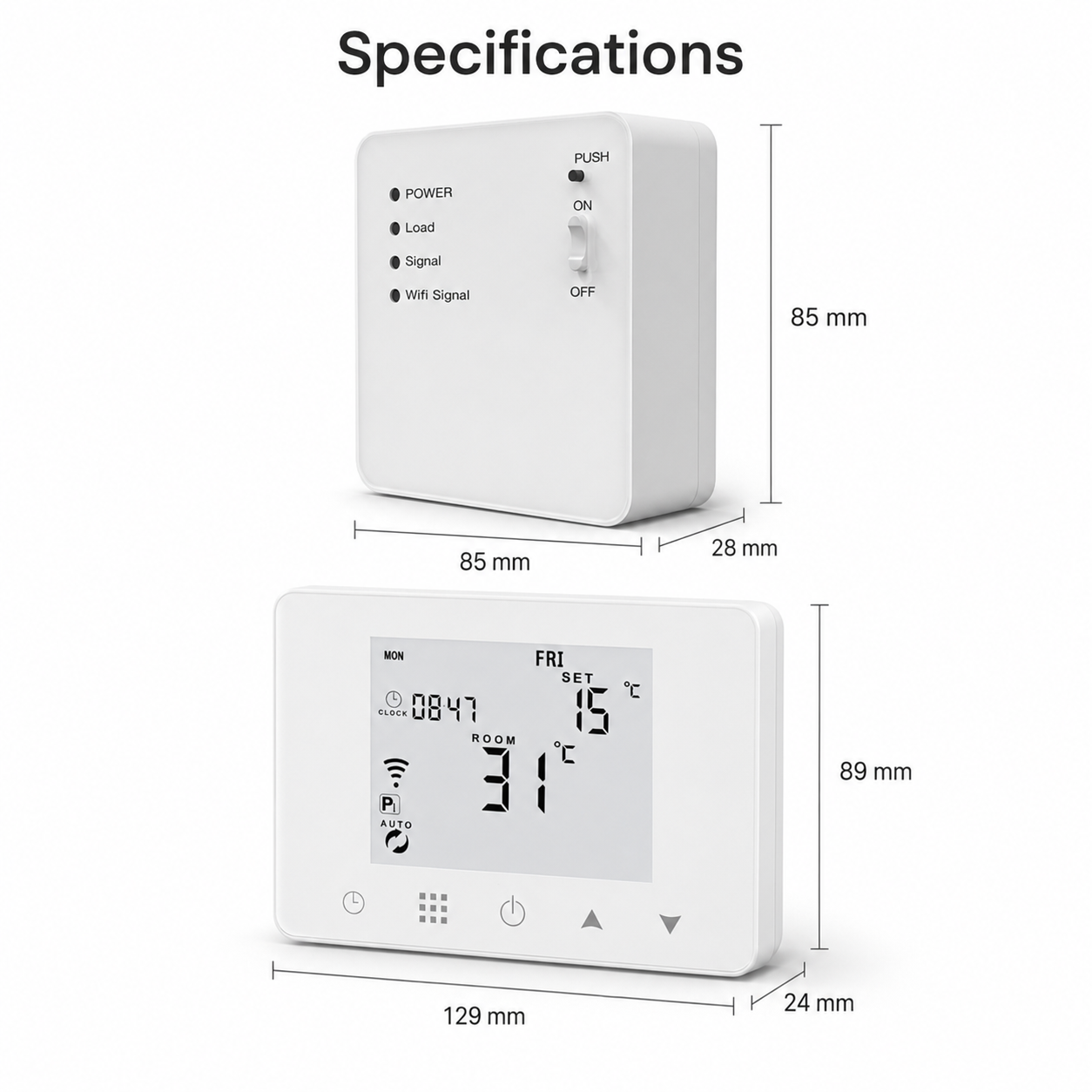 Dimensions diagram for gas boiler thermostat controller and receiver