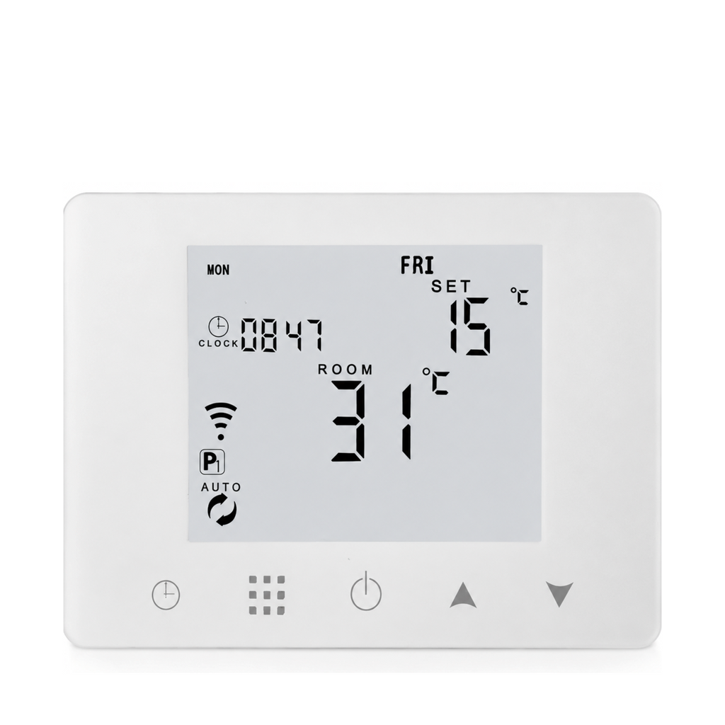Thermostat Wi-Fi blanc pour chaudière gaz avec afficheur numérique sur fond blanc