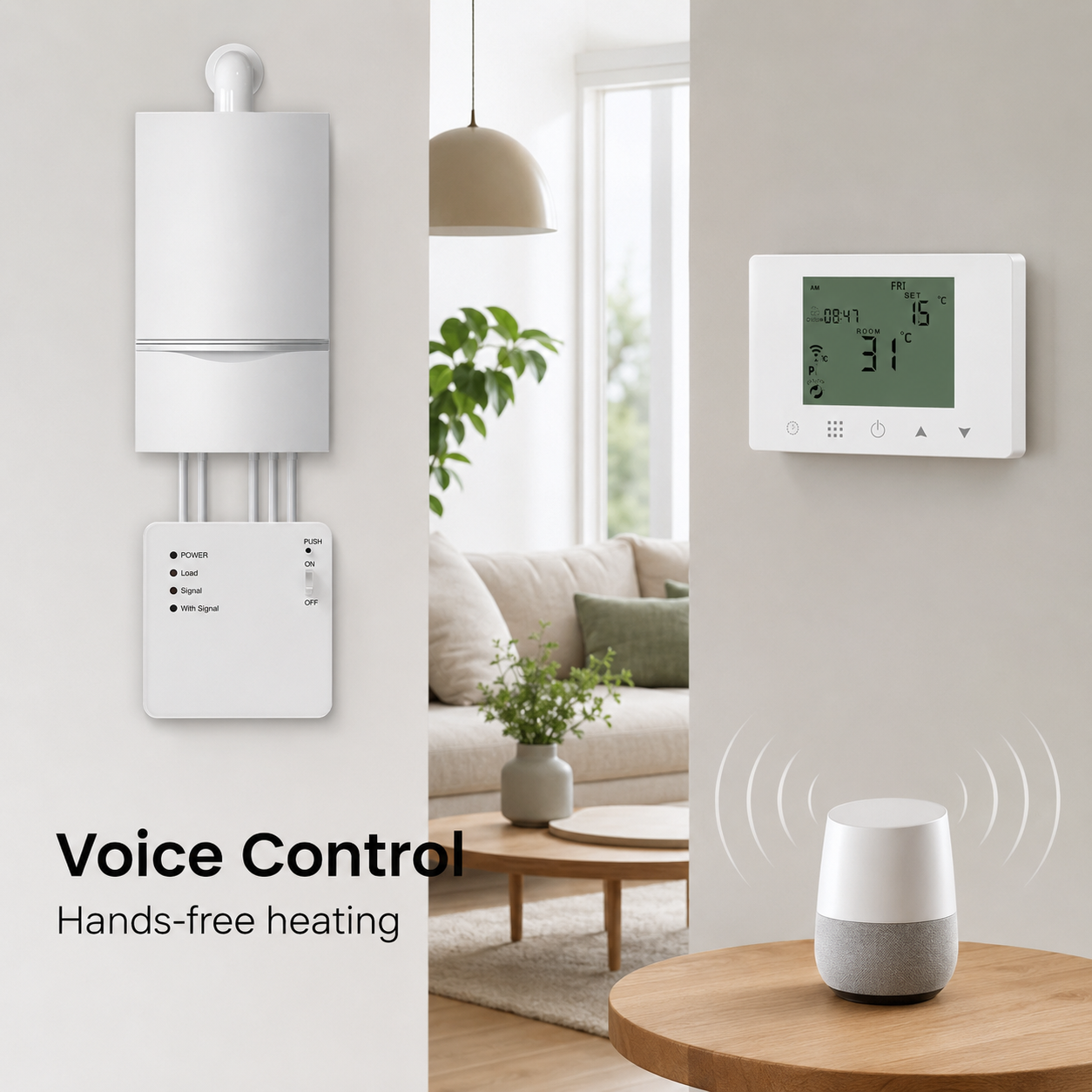 Generic voice control heating scene for WiFi gas boiler thermostat