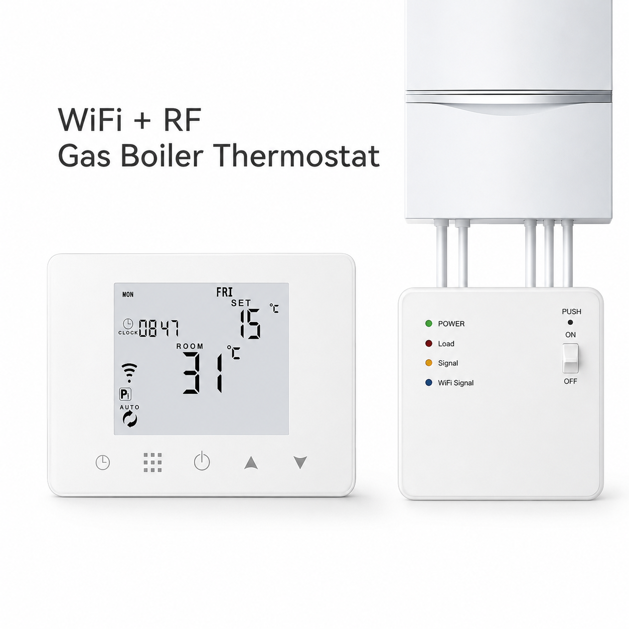 Studio packshot of WiFi RF gas boiler thermostat with receiver