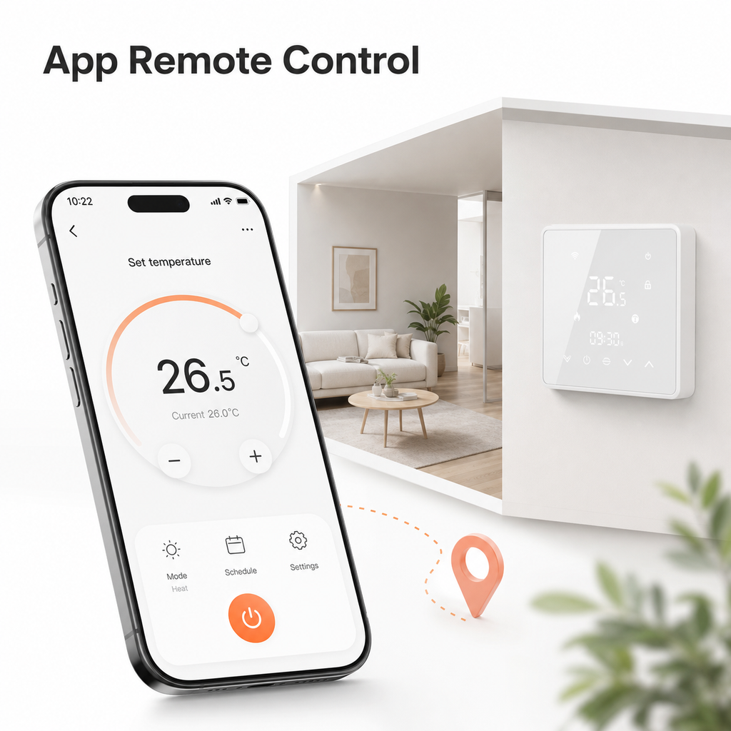 App remote control visual for white glass heating thermostat