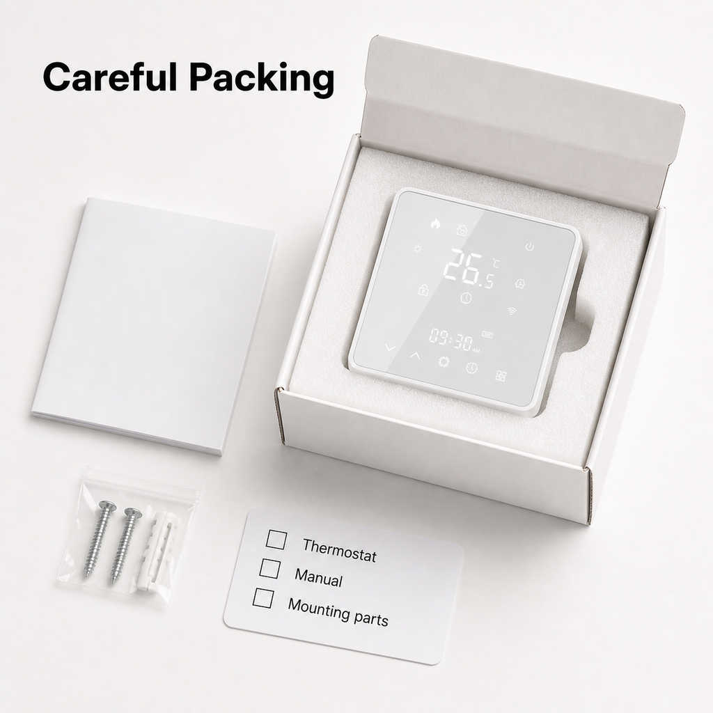Careful packing layout for smart thermostat and mounting parts