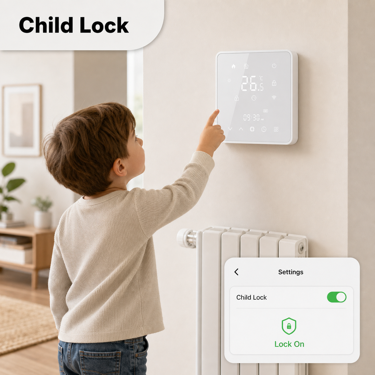 Child lock function visual for wall mounted smart thermostat