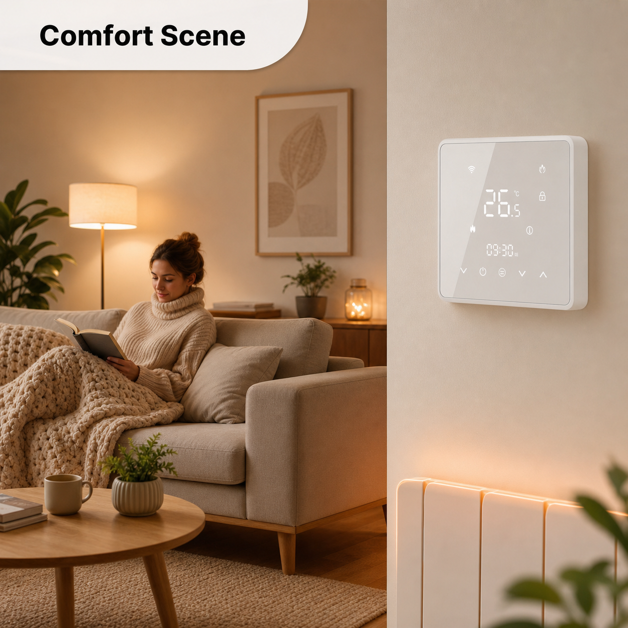 Modern living room comfort scene with wall thermostat
