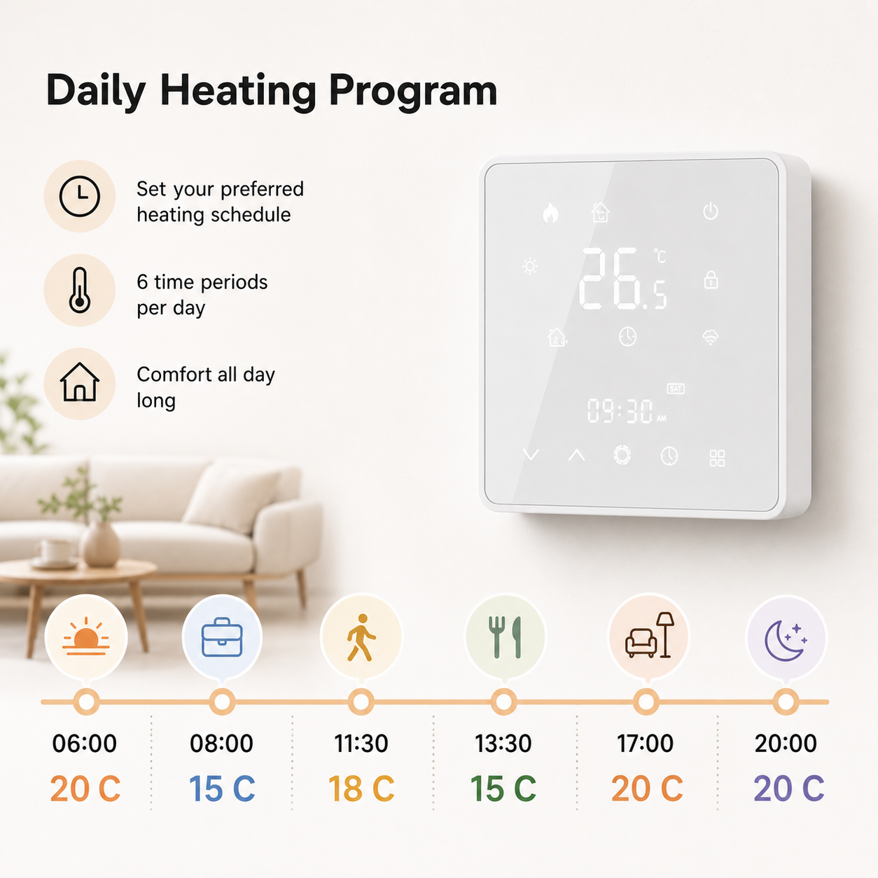 Daily heating program timeline for smart thermostat