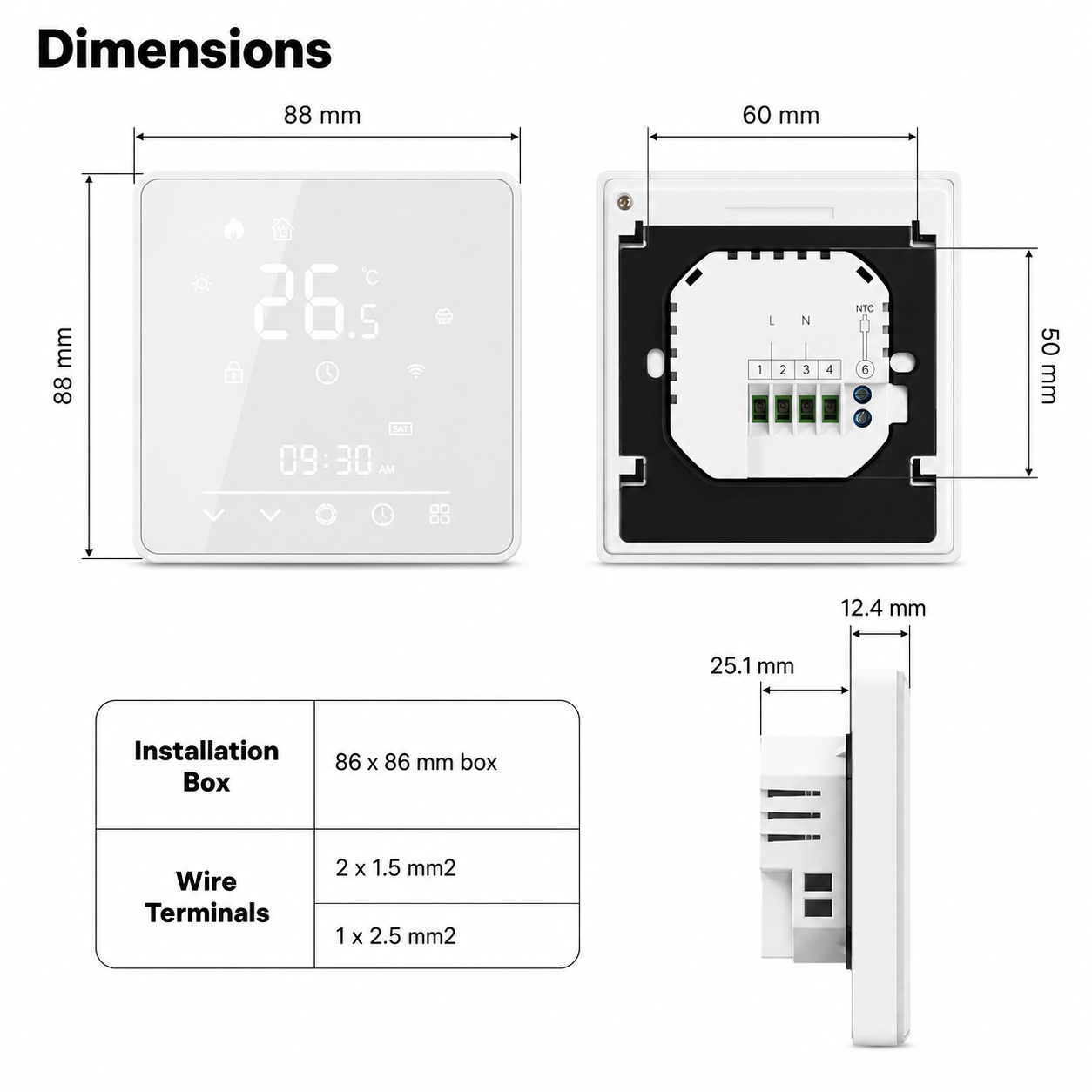 Technical dimensions and wiring diagram for smart thermostat