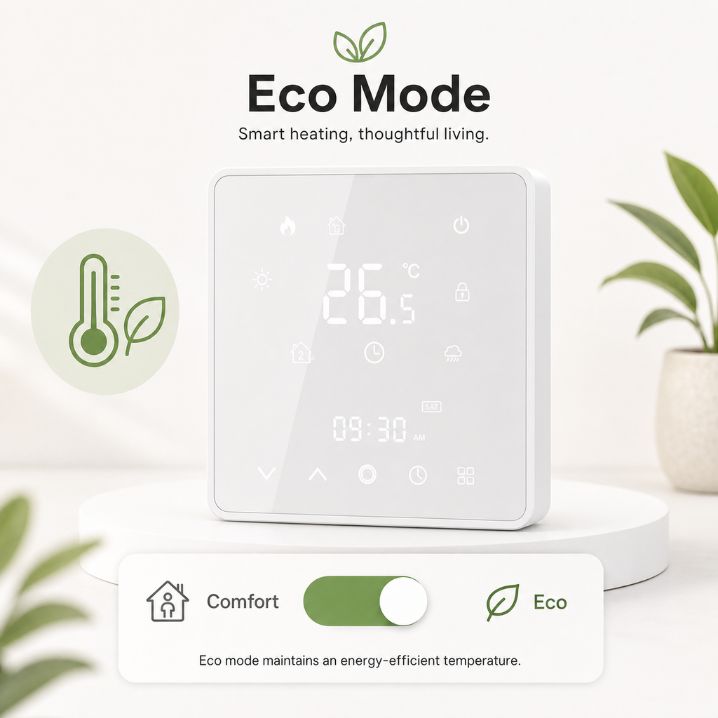 Eco mode feature visual for white glass smart thermostat