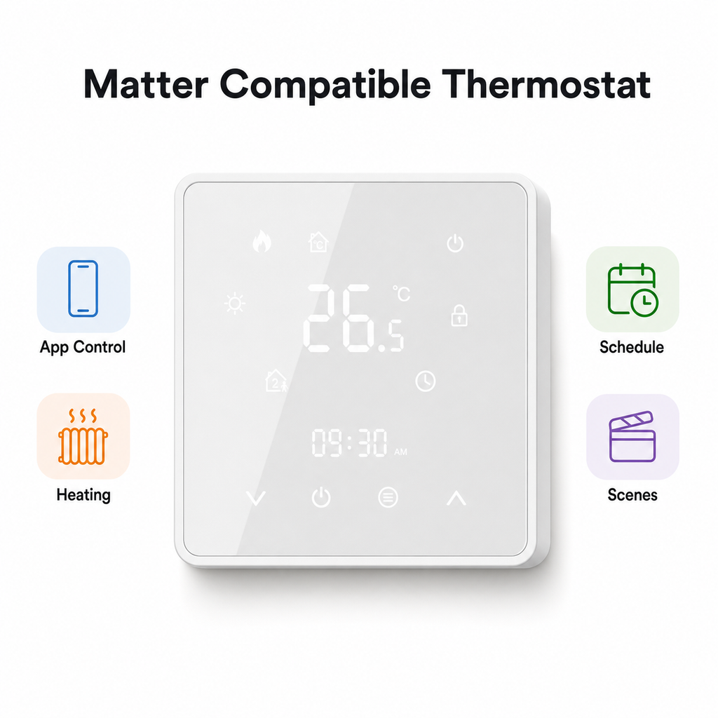 Front panel feature overview for Matter compatible thermostat