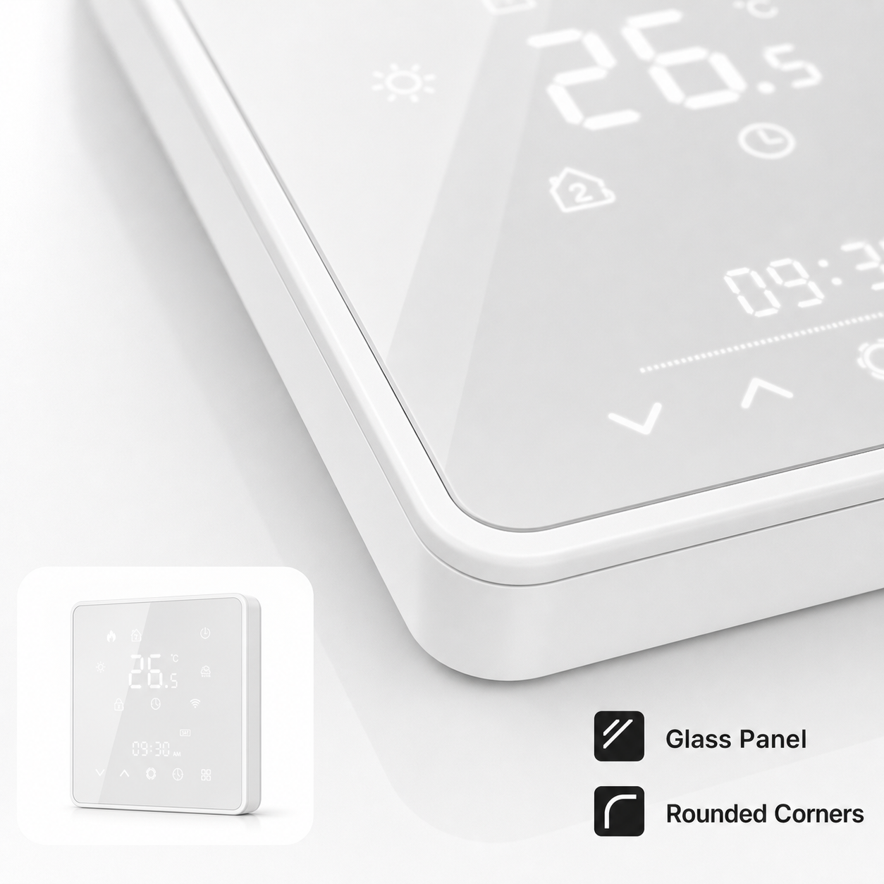 Glass panel and rounded corner detail for smart thermostat