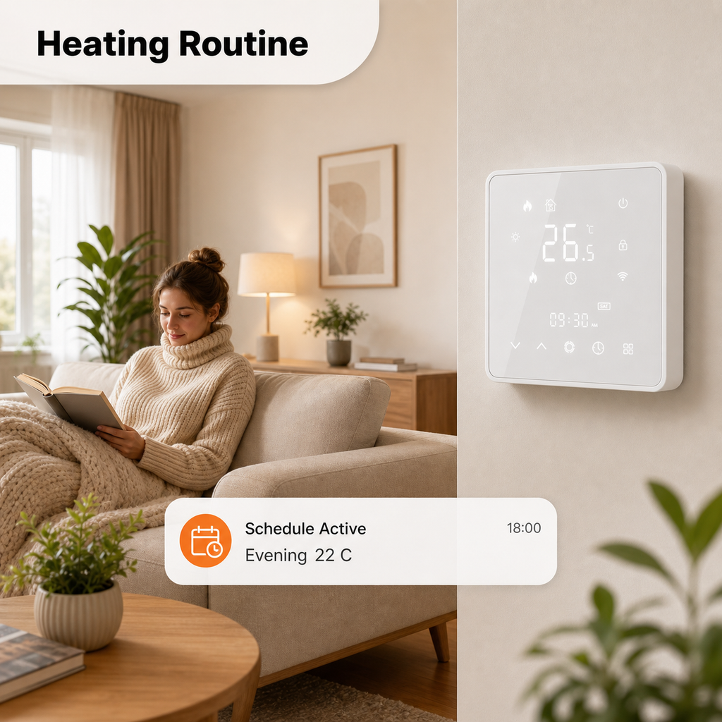 Heating routine scene with wall mounted smart thermostat