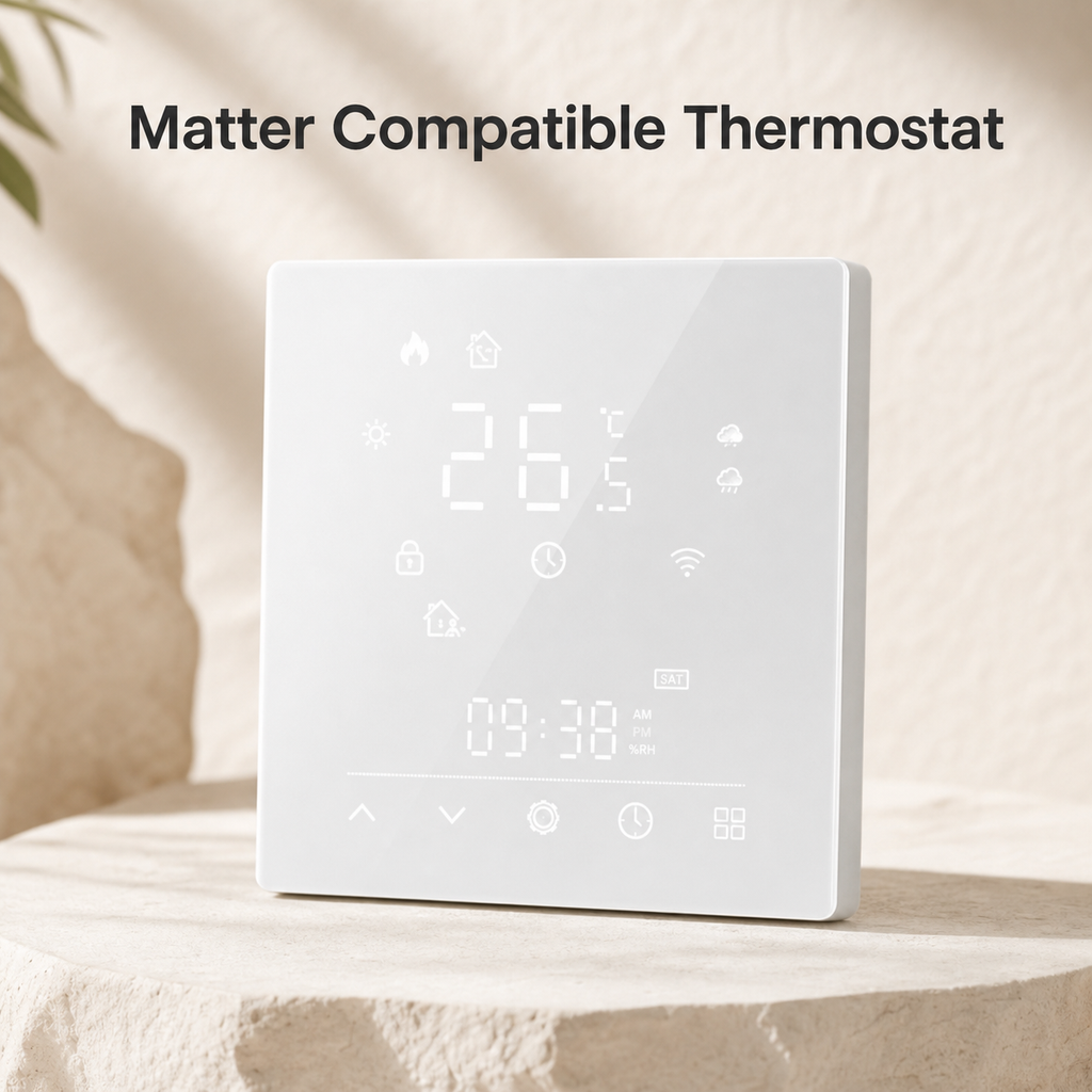 Studio packshot of Matter compatible white glass smart thermostat