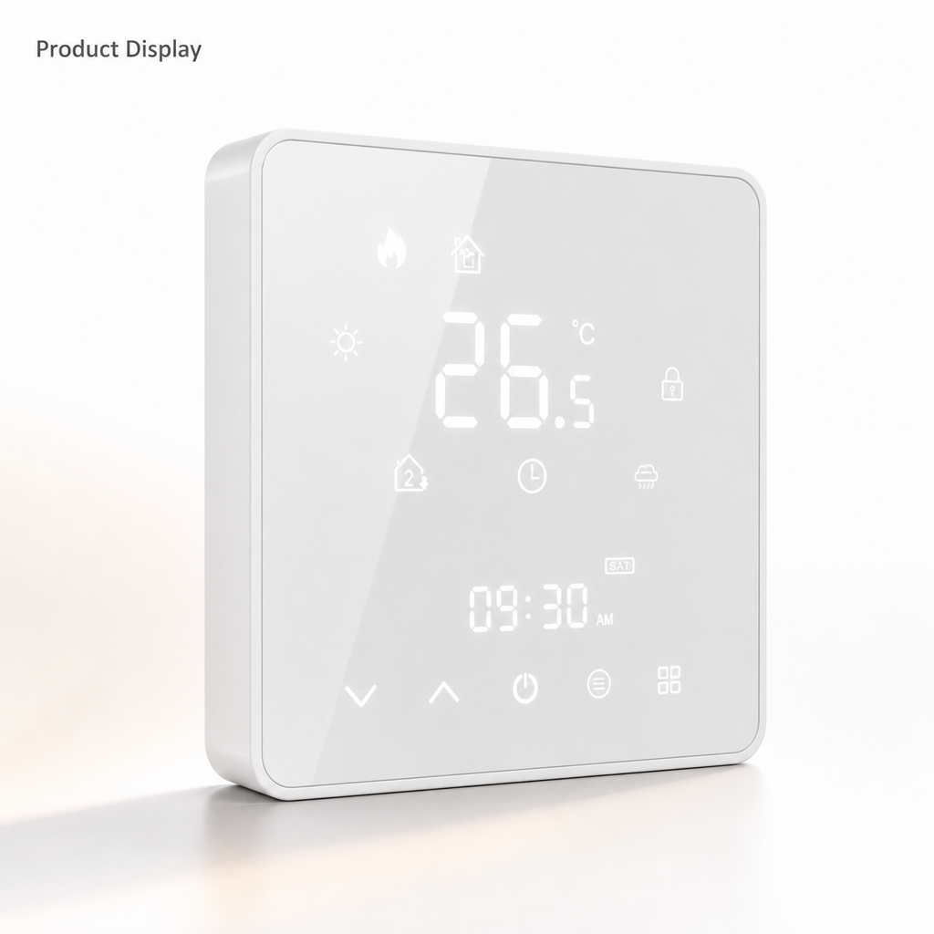 Close studio product display of white glass thermostat